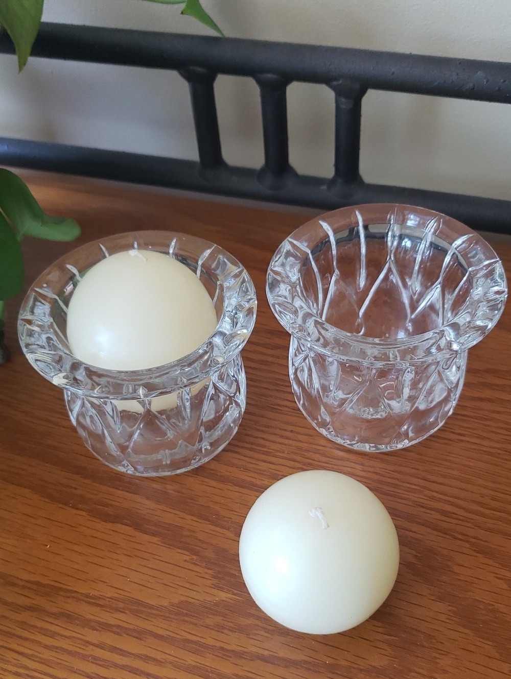 VTG- (2) Clear Faceted Glass Candle Holders With Ivory Ball Candles